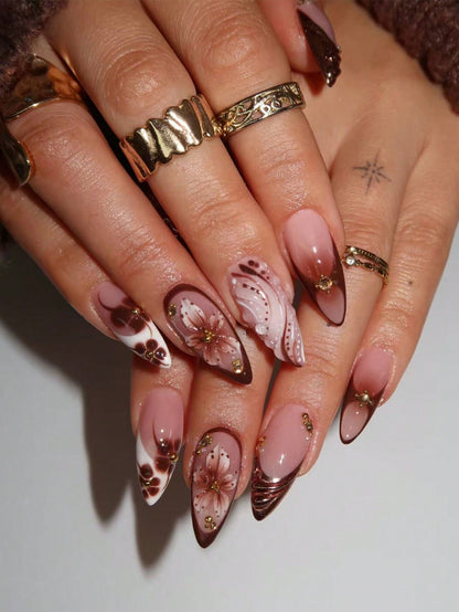 24pcs 3D Floral & Metal Cross Almond French Nails