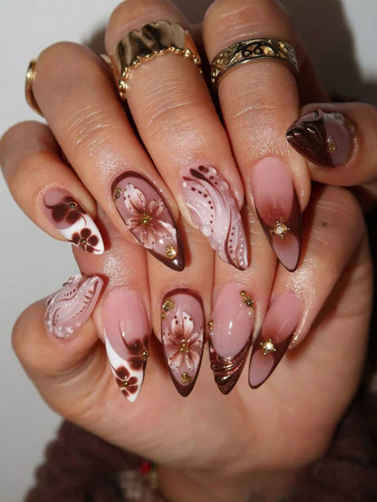 24pcs 3D Floral & Metal Cross Almond French Nails