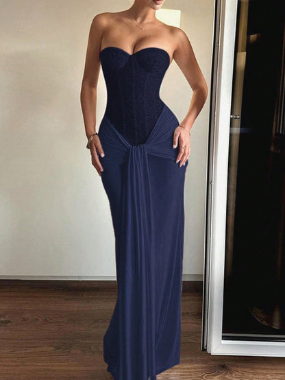 Navy Blue Strapless Bodycon Maxi Dress