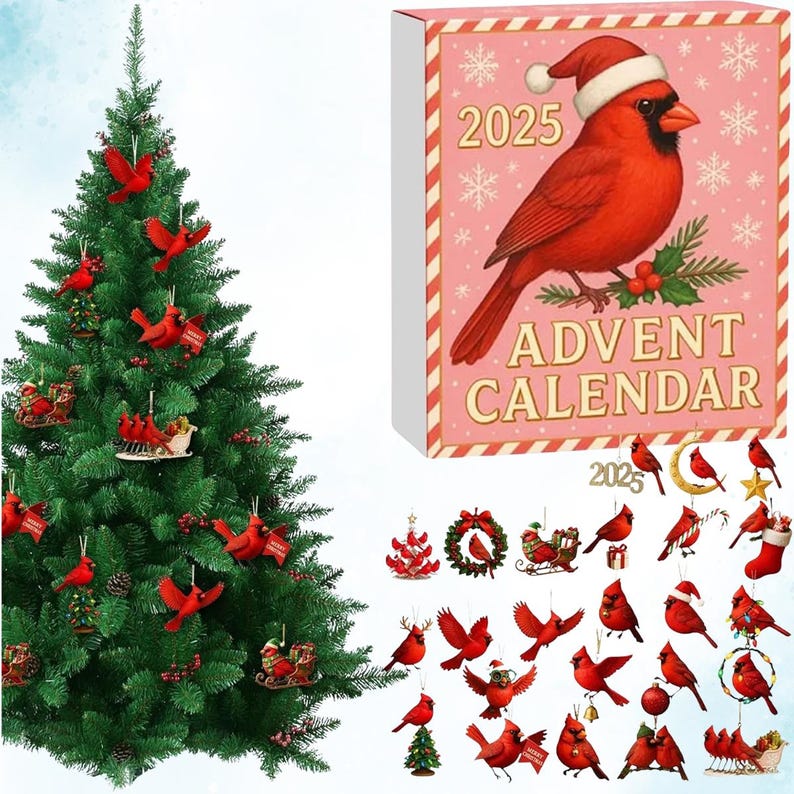 Cardinal Bird Advent Calendar 2025 Christmas Countdown Calendar With 24 Acrylic Red Bird Ornaments Holiday Decoration Gift For Bird Lovers