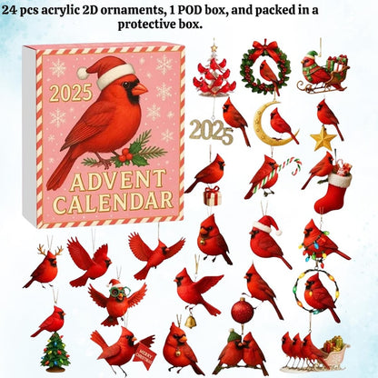 Cardinal Bird Advent Calendar 2025 Christmas Countdown Calendar With 24 Acrylic Red Bird Ornaments Holiday Decoration Gift For Bird Lovers