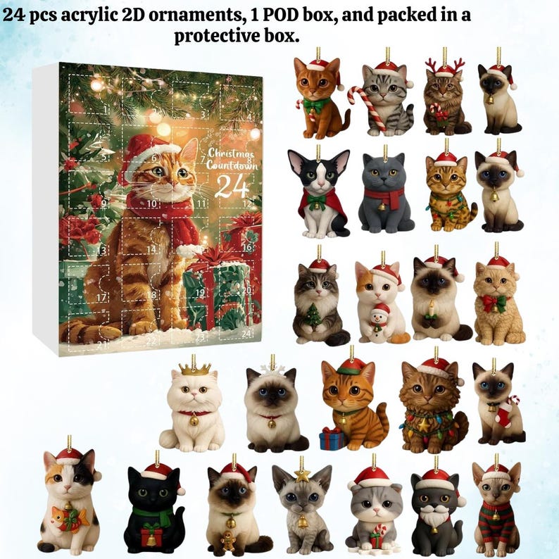 Cat Lovers Advent Calendar 2025 24 Day Christmas Countdown Calendar With 2d Acrylic Catscute Kitten Tree Ornamentsholiday Home Gift Decor