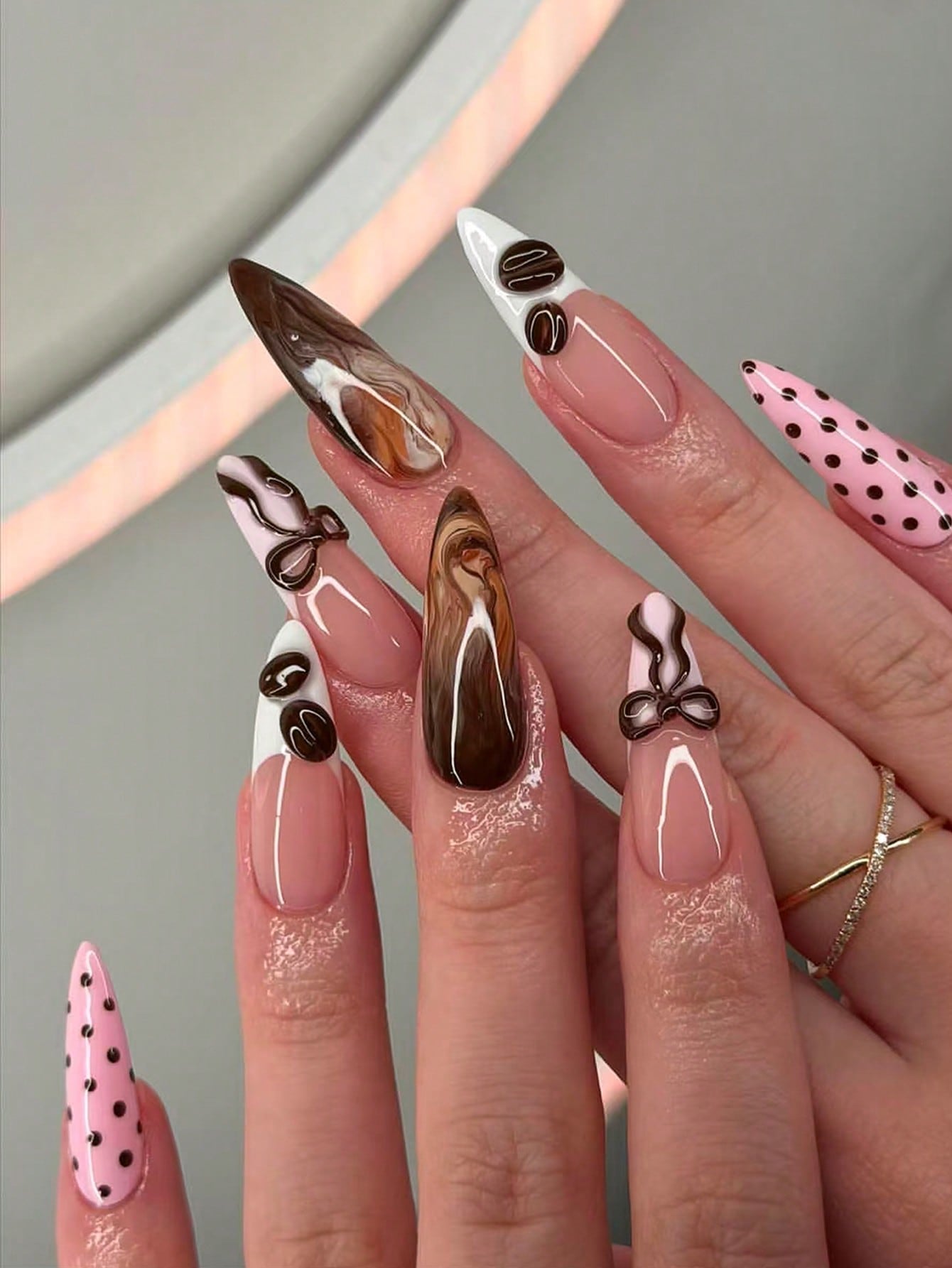 Brown Maillard 3D Bow & Polka Dot Press-On Nails