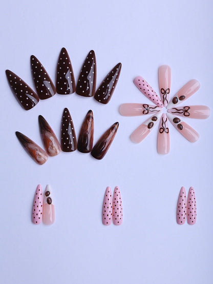 Brown Maillard 3D Bow & Polka Dot Press-On Nails