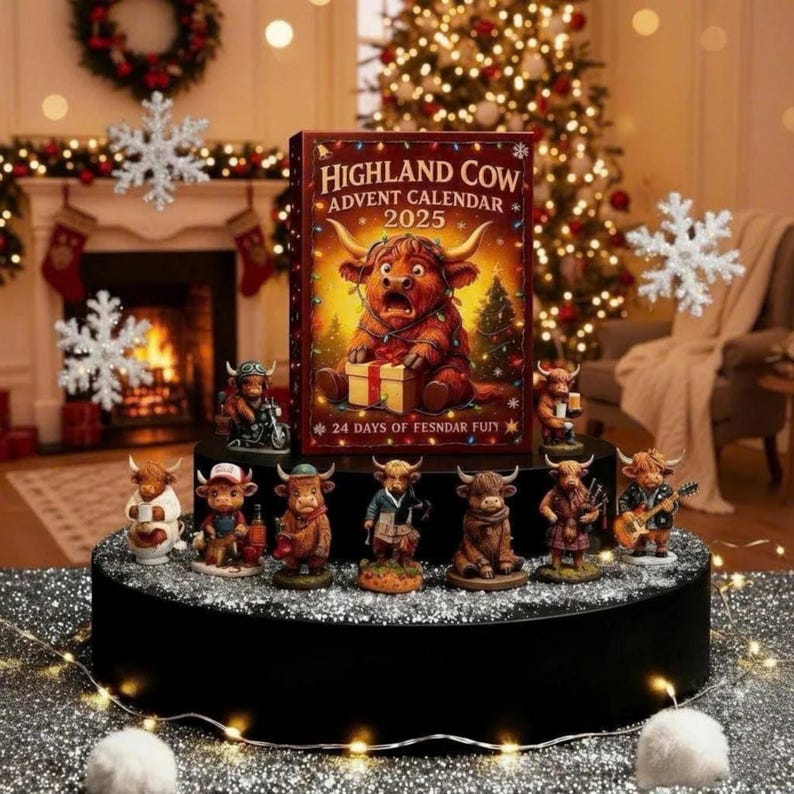 Highland Cow Advent Calendar Cute Farm Animal Christmas Decor Mini Cow Collectible Toys Farmhouse Christmas Decor Unique Cow Lover Gift