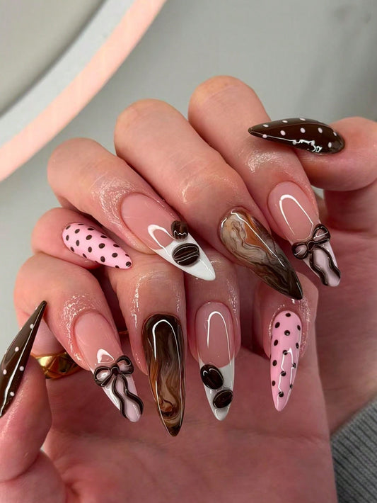 Maillard Style Coffee 3D Bow Press-On Nails (24pcs)