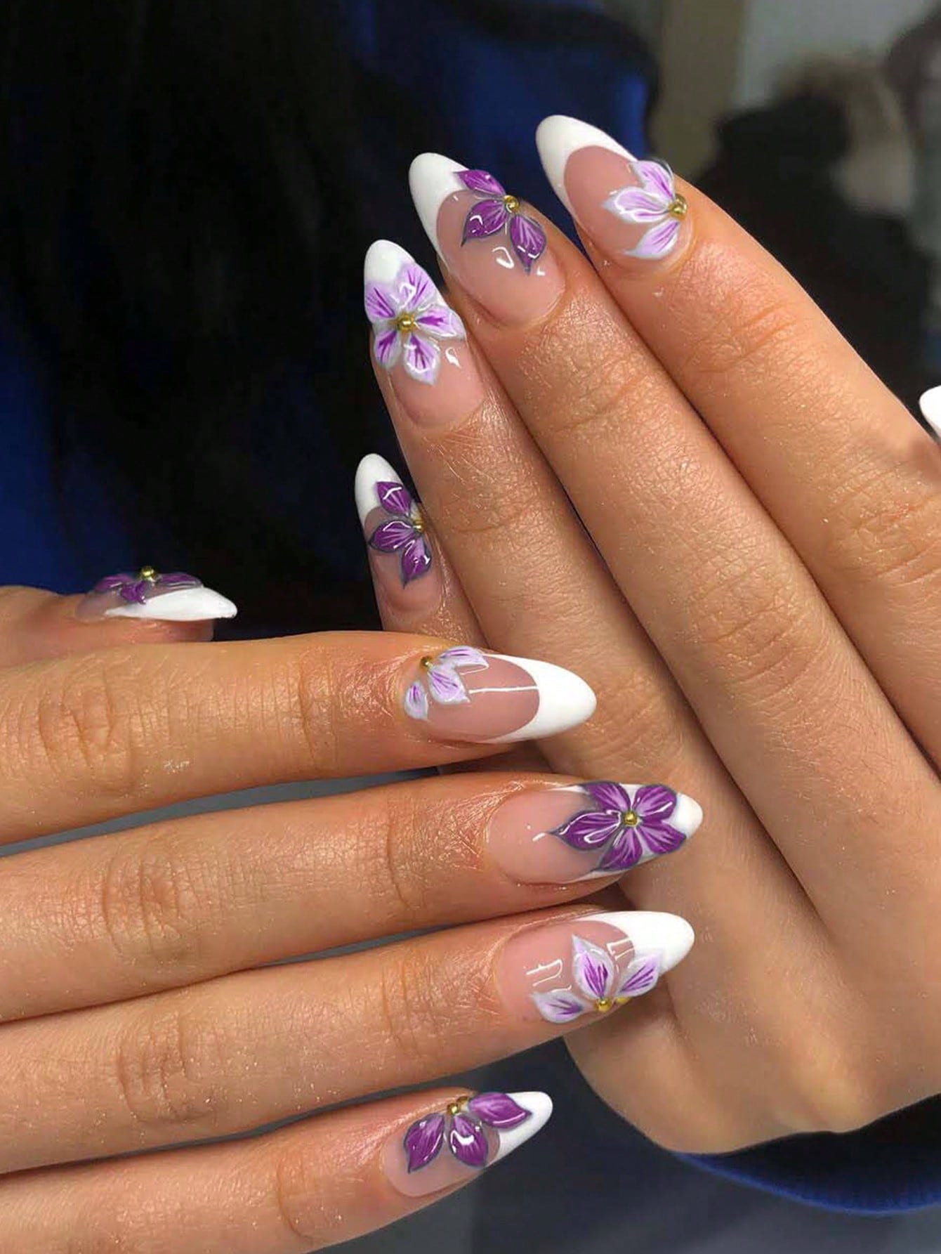 3D Pearl Flower Almond Press-On Nails Set