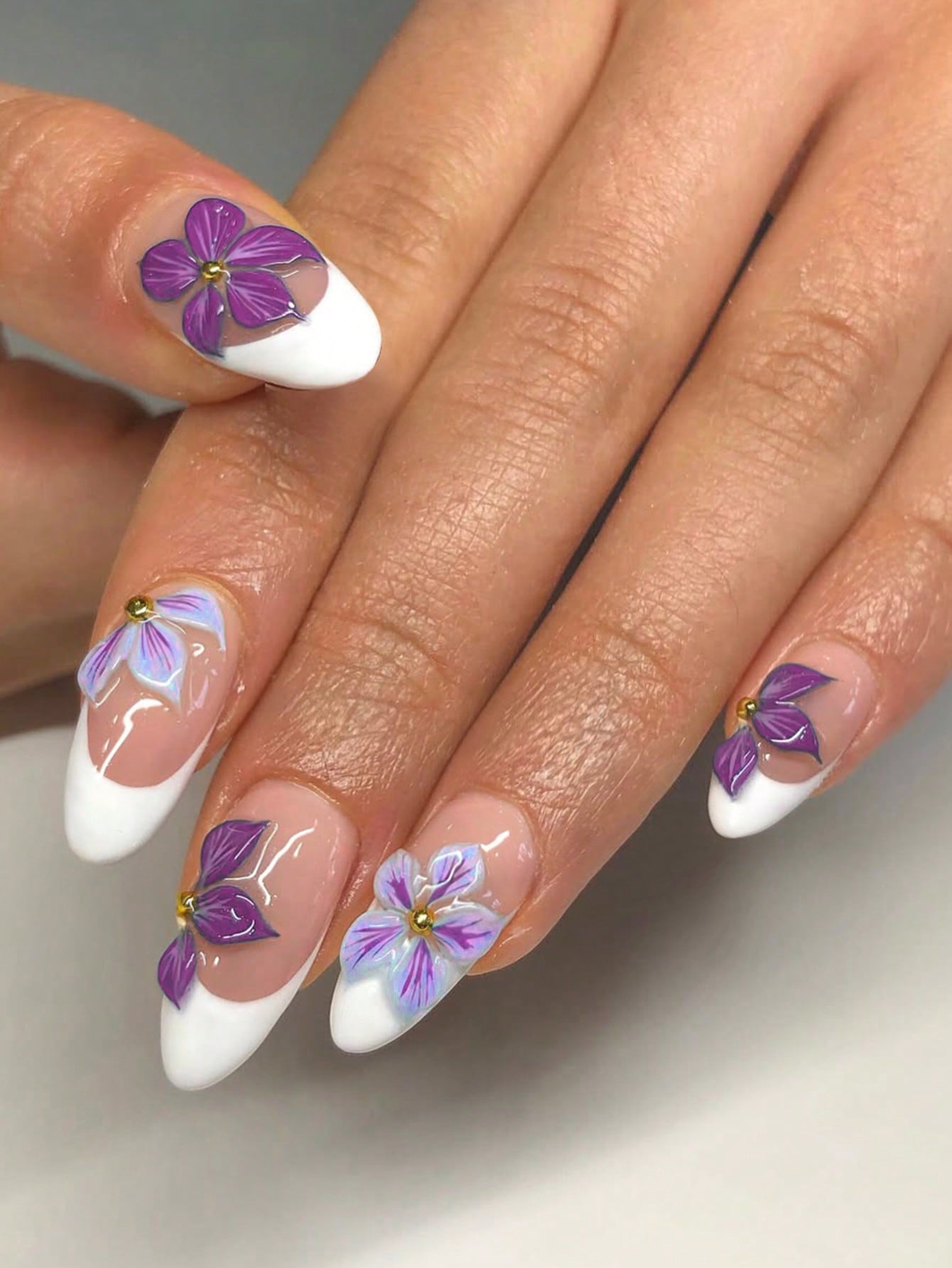 3D Pearl Flower Almond Press-On Nails Set