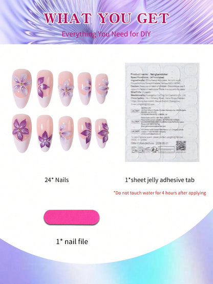 3D Pearl Flower Almond Press-On Nails Set