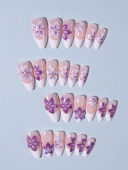 3D Pearl Flower Almond Press-On Nails Set