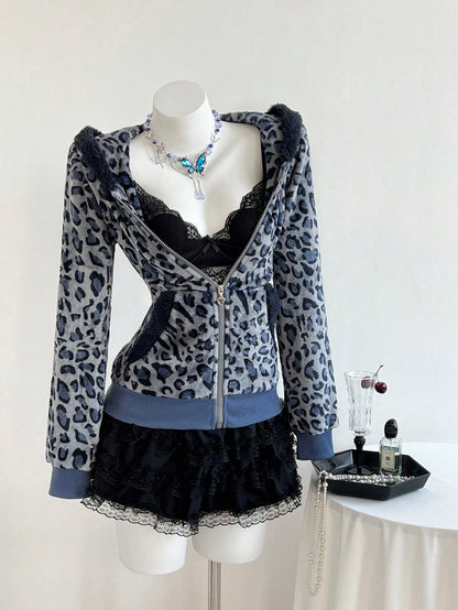 Women's Leopard Print Flannel Thermal Hooded Sweatshirt