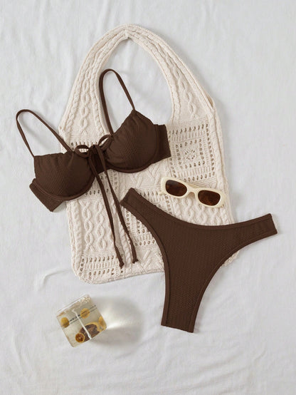 Contrast Color Bow Tie Bikini Swimwear Set