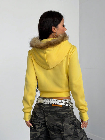Y2k Graffiti Fur Collar Thermal Hoodie