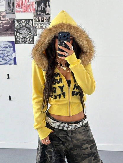 Y2k Graffiti Fur Collar Thermal Hoodie