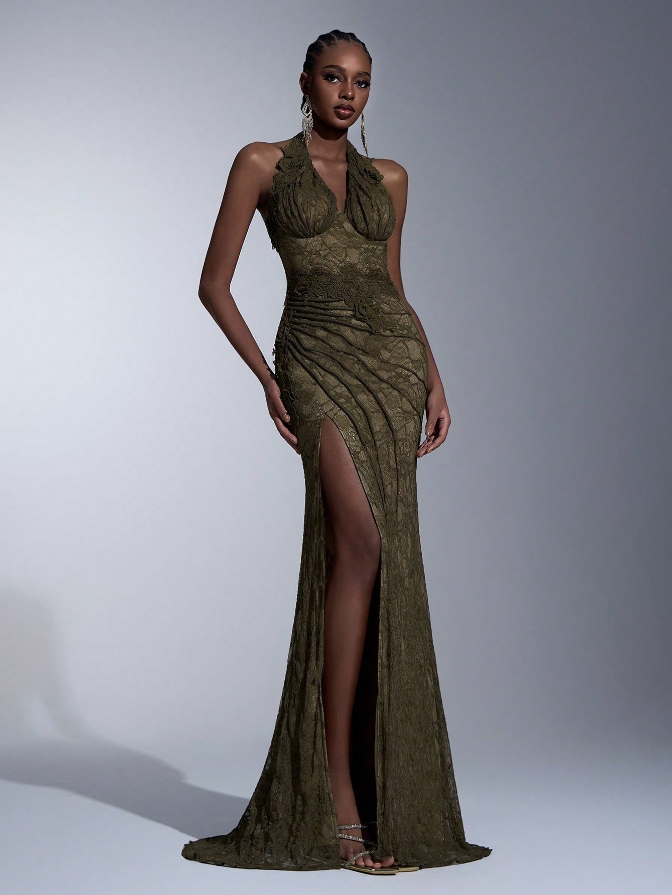 Elegant Green Lace Halter Neck Slit Maxi Dress