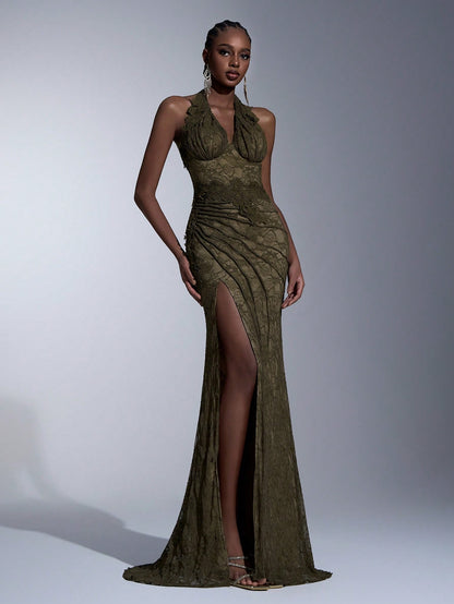 Elegant Green Lace Halter Neck Slit Maxi Dress