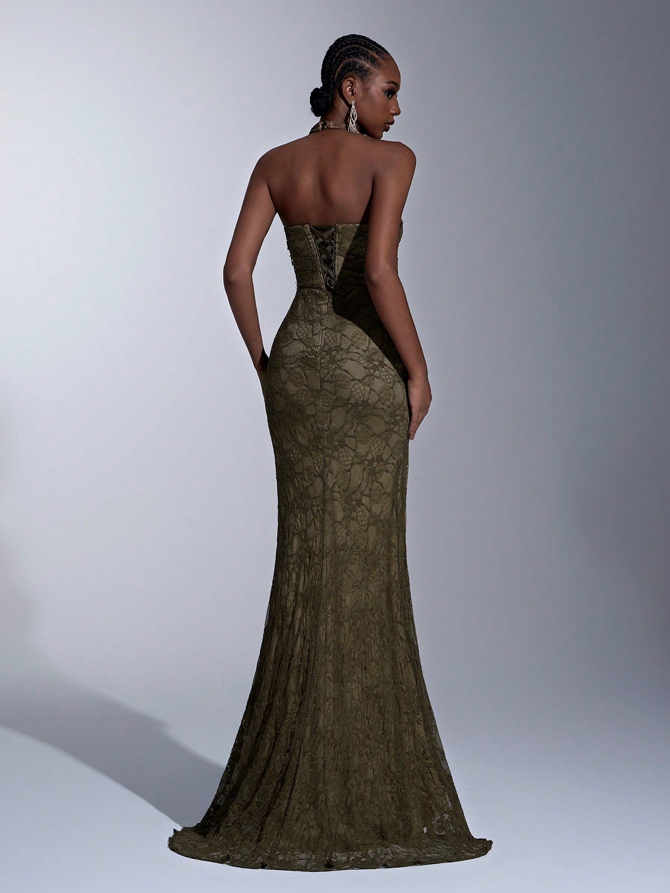 Elegant Green Lace Halter Neck Slit Maxi Dress