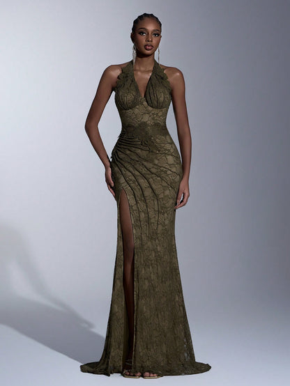 Elegant Green Lace Halter Neck Slit Maxi Dress