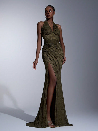 Elegant Green Lace Halter Neck Slit Maxi Dress