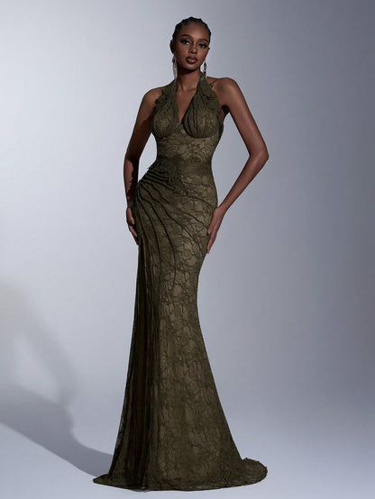 Elegant Green Lace Halter Neck Slit Maxi Dress
