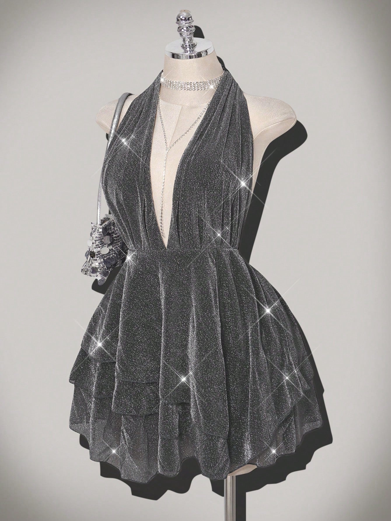 Plus Size Glitter Star Deep V-Neck Asymmetrical Dress
