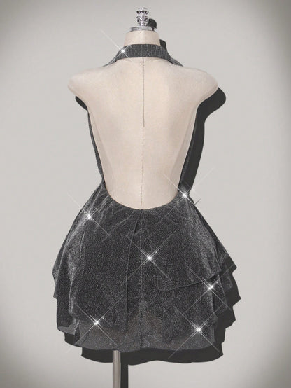 Plus Size Glitter Star Deep V-Neck Asymmetrical Dress