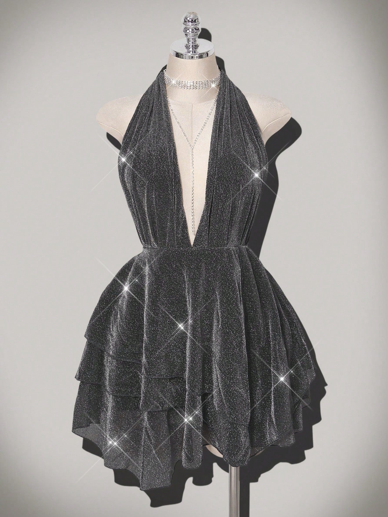 Plus Size Glitter Star Deep V-Neck Asymmetrical Dress