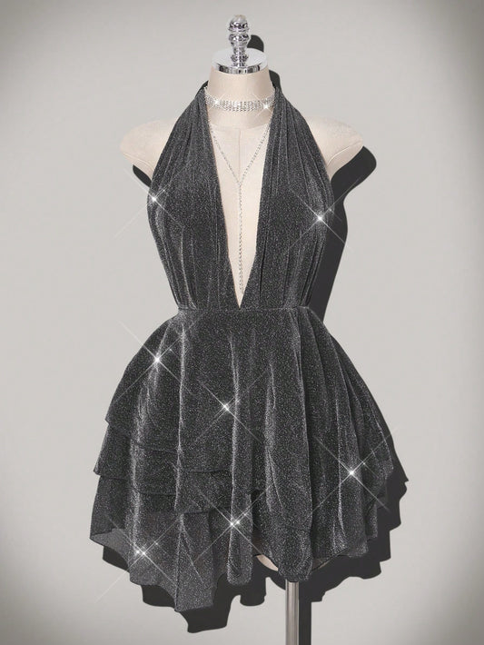 Plus Size Glitter Star Deep V-Neck Asymmetrical Dress