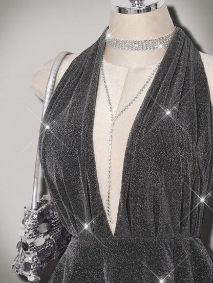 Plus Size Glitter Star Deep V-Neck Asymmetrical Dress
