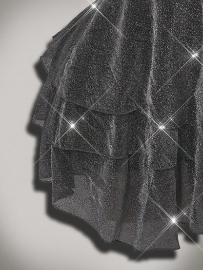 Plus Size Glitter Star Deep V-Neck Asymmetrical Dress
