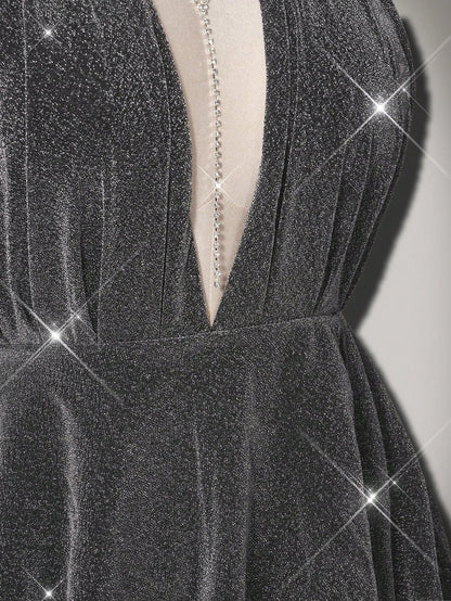 Plus Size Glitter Star Deep V-Neck Asymmetrical Dress
