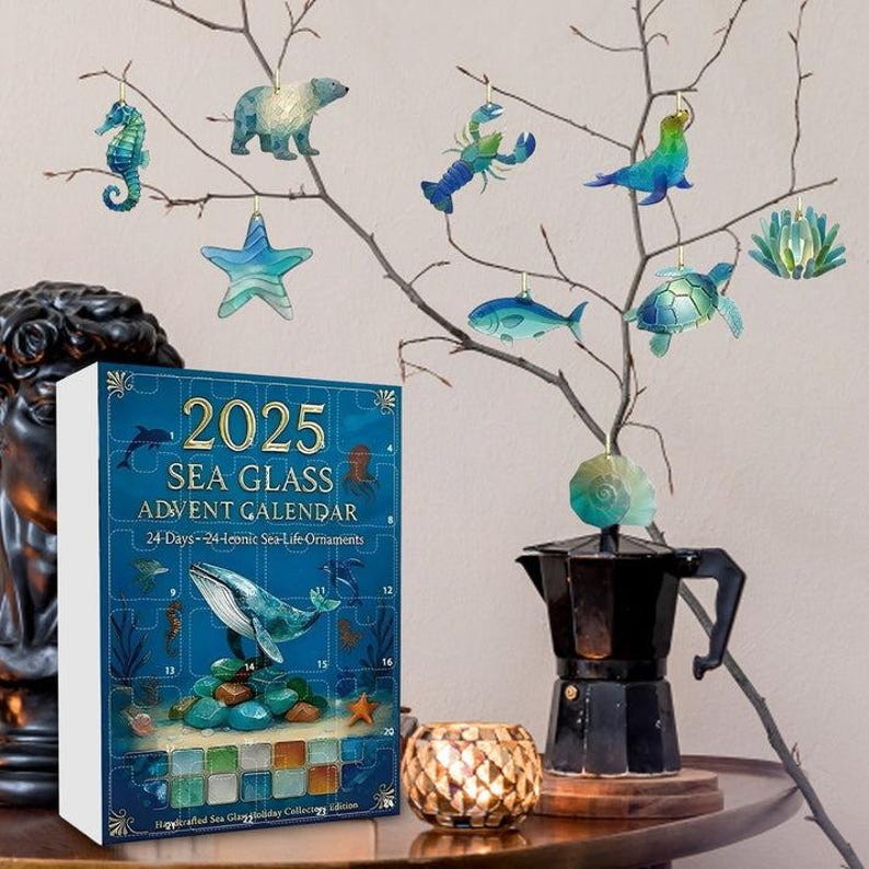 Sea Glass Advent Calendar 2025 Beach Lovers Ocean Lovers Gift Christmas Countdown With Ocean Ornaments Holiday Decor  Unique Xmas Gift
