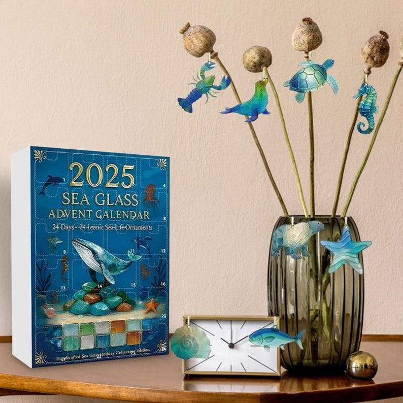 Sea Glass Advent Calendar 2025 Beach Lovers Ocean Lovers Gift Christmas Countdown With Ocean Ornaments Holiday Decor  Unique Xmas Gift