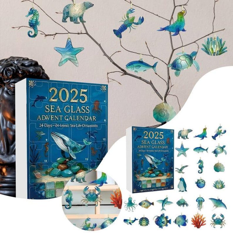 Sea Glass Advent Calendar 2025 Beach Lovers Ocean Lovers Gift Christmas Countdown With Ocean Ornaments Holiday Decor  Unique Xmas Gift
