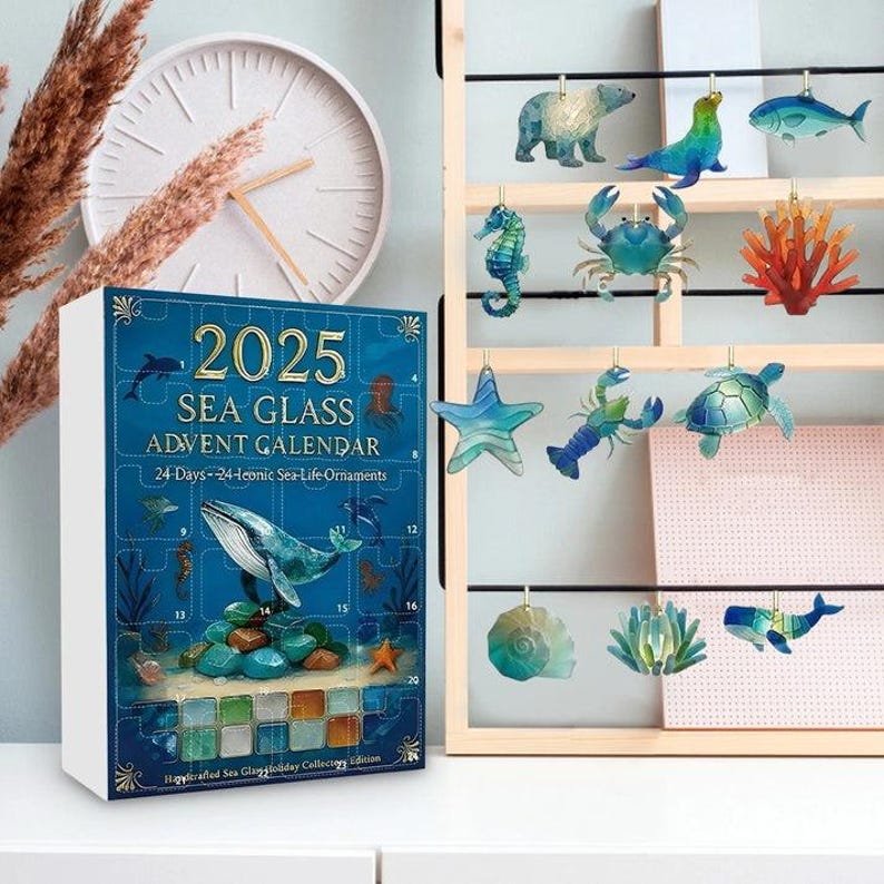 Sea Glass Advent Calendar 2025 Beach Lovers Ocean Lovers Gift Christmas Countdown With Ocean Ornaments Holiday Decor  Unique Xmas Gift