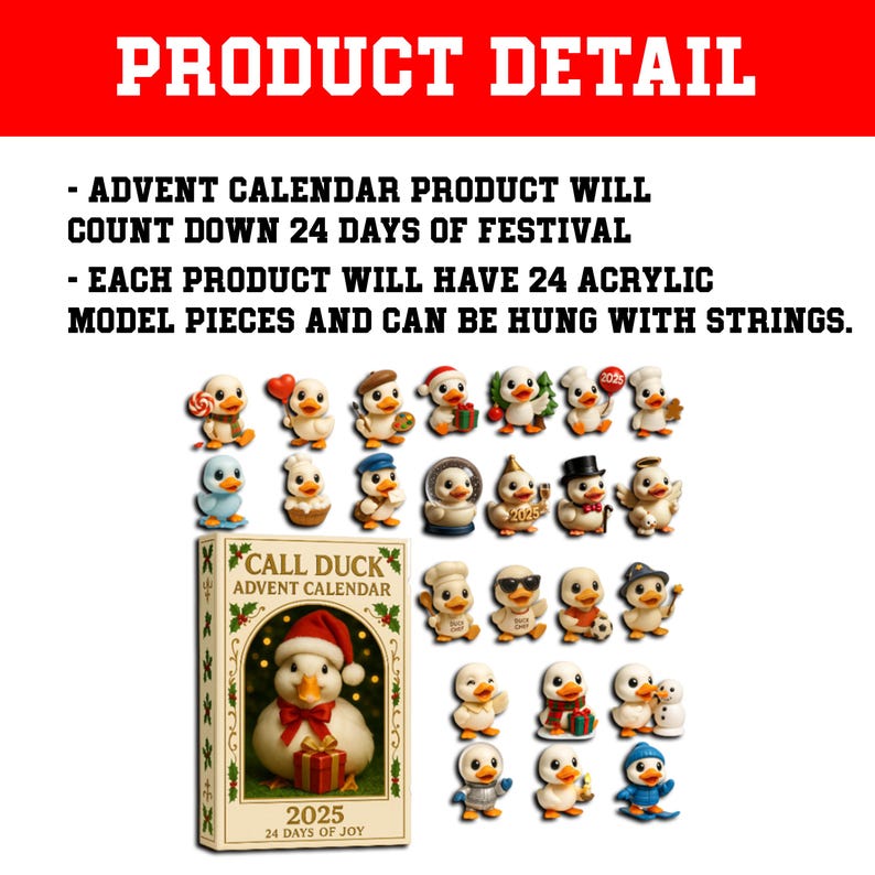 Call Duck Advent Calendar 2025 24 Day Acrylic Ornament Box Cute Duck Christmas Countdown Gift Holiday Decor For Animal Lovers