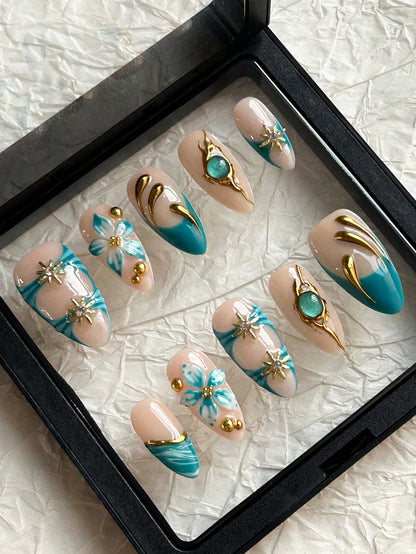 Green French Almond 3D Flower Cat Eye Press-On Nails