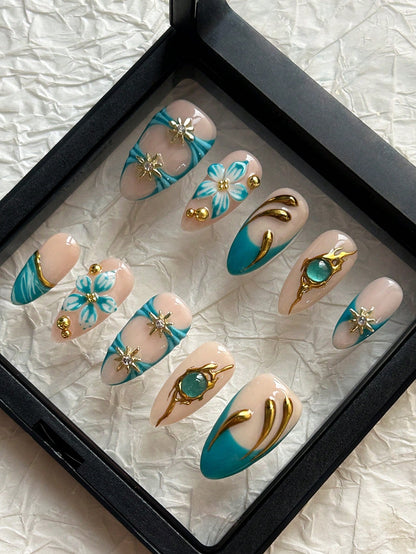 Green French Almond 3D Flower Cat Eye Press-On Nails