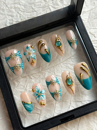 Green French Almond 3D Flower Cat Eye Press-On Nails
