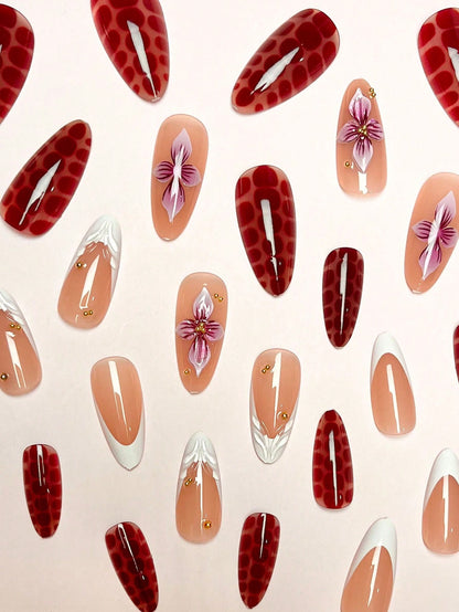 Vintage Purple 3D Wavy Floral Almond Press-On Nails