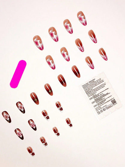 Burgundy Tie-Dye Floral Almond Press-On Nails