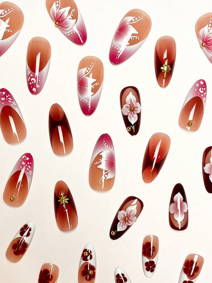 Burgundy Tie-Dye Floral Almond Press-On Nails
