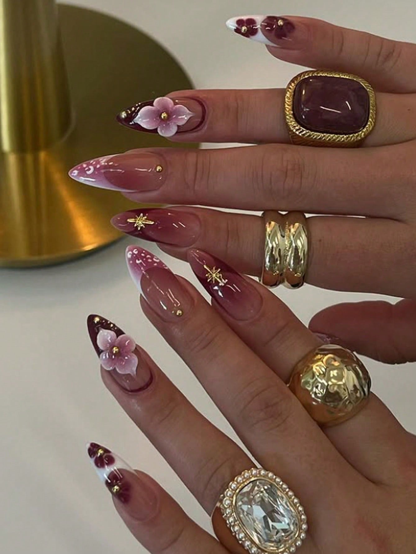 Burgundy Tie-Dye Floral Almond Press-On Nails