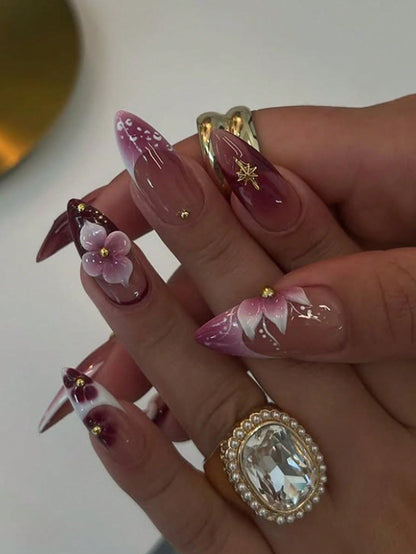 Burgundy Tie-Dye Floral Almond Press-On Nails