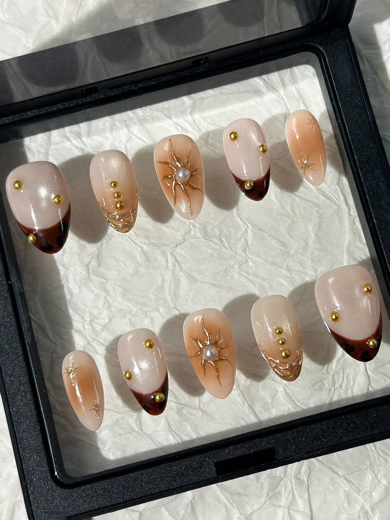 Amber Cat Eye Almond Press-On Nails with 3D Sun
