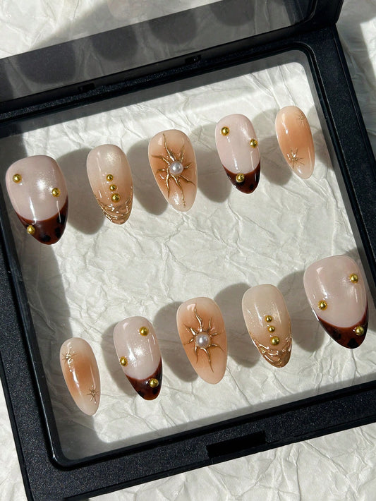 Amber Cat Eye Almond Press-On Nails with 3D Sun