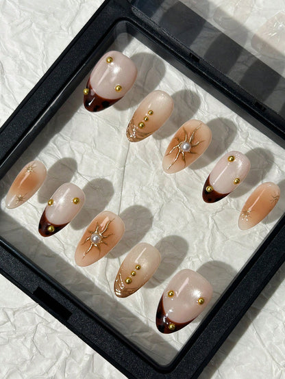 Amber Cat Eye Almond Press-On Nails with 3D Sun