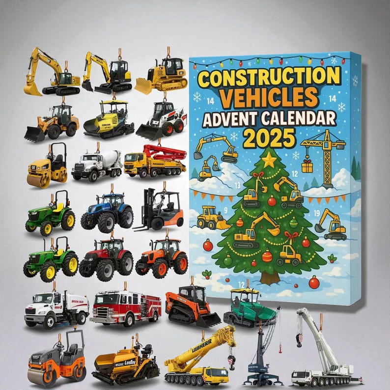 Construction Vehicles Advent Calendar 2025 – 24 Day Christmas Countdown Truck & Excavator Toy Set, Gift for Vehicle Lovers