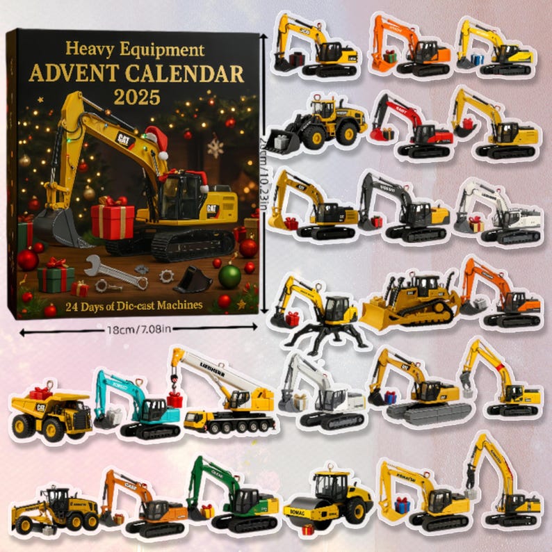 Santa Heavy Equipment 2025 Advent Calendar, Heavy Trucks 24-Day Countdown Ornament, Christmas Charm Box Gifts, Santa Holidays Ornament Boxes