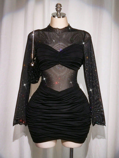 Plus Size Y2K Sequin Mesh Sheer Wrap Long Sleeve Dress